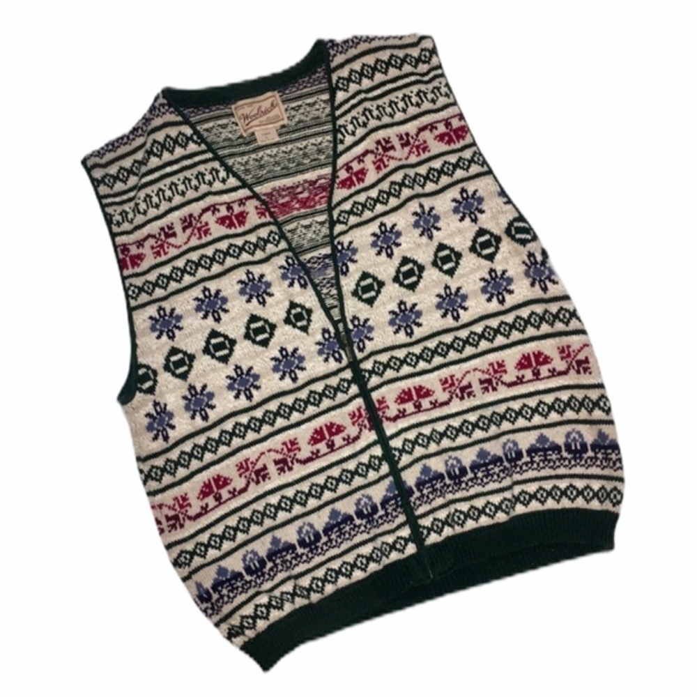 Vintage 80s Woolrich Fair Isle Nordic Knit Sweater Vest Womens L Made in USA Zip